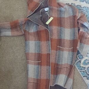 Korye Cozy Plaid Hooded Cardigan - Rust and Beige- S